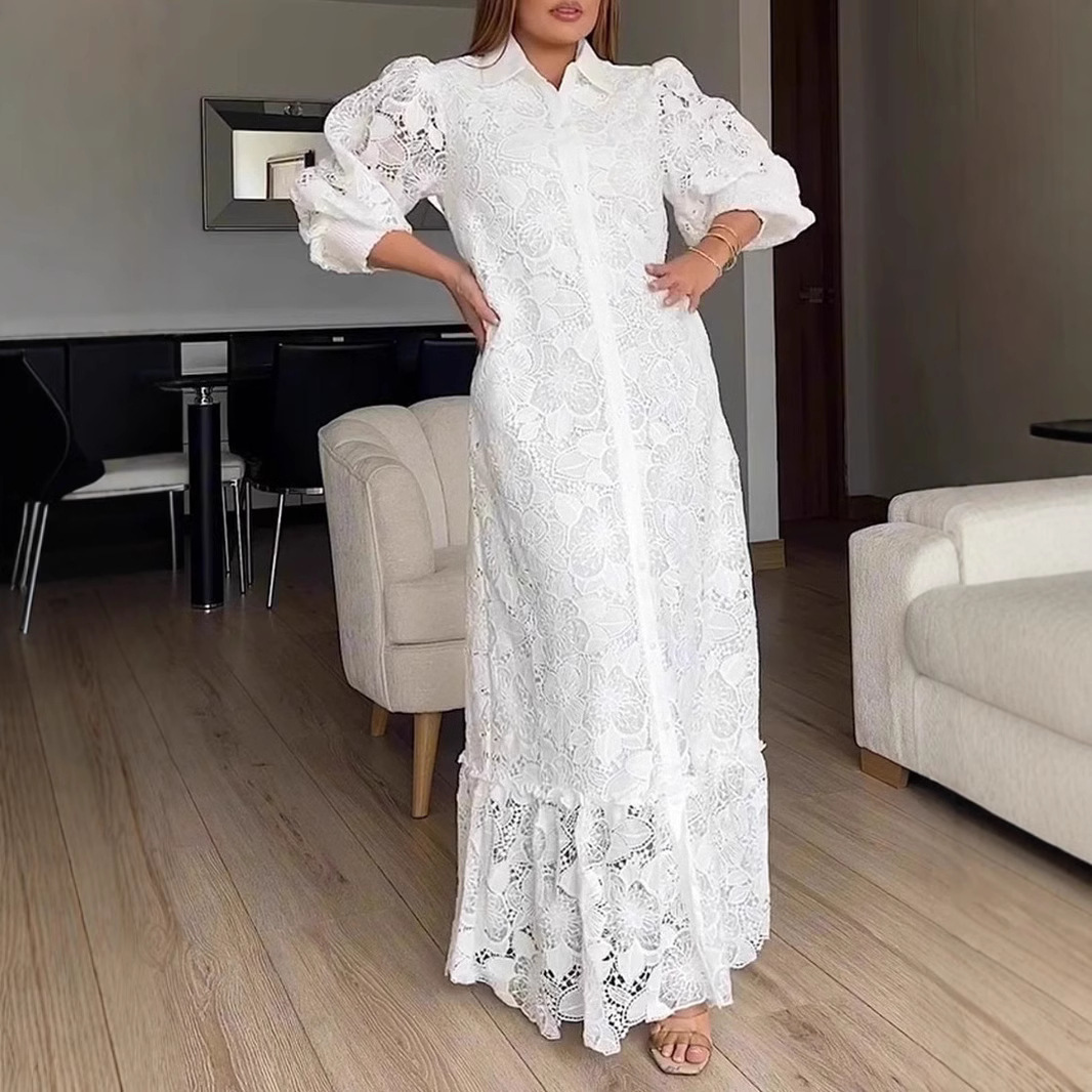 Elegant Long Sleeve Button Hollow Lace Cardigan Dress