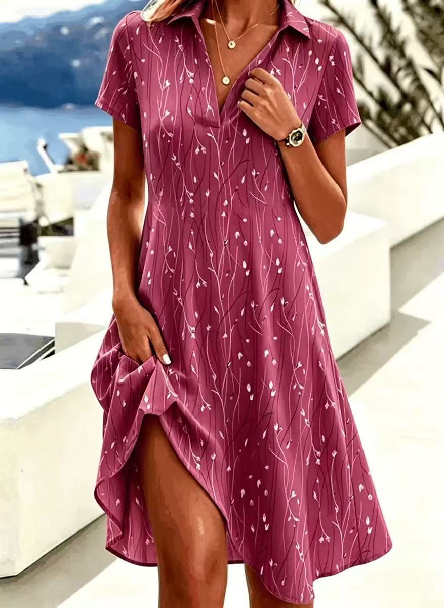 Women's Elegant Printed Ruched Dress V-Neck Short Sleeve Midi