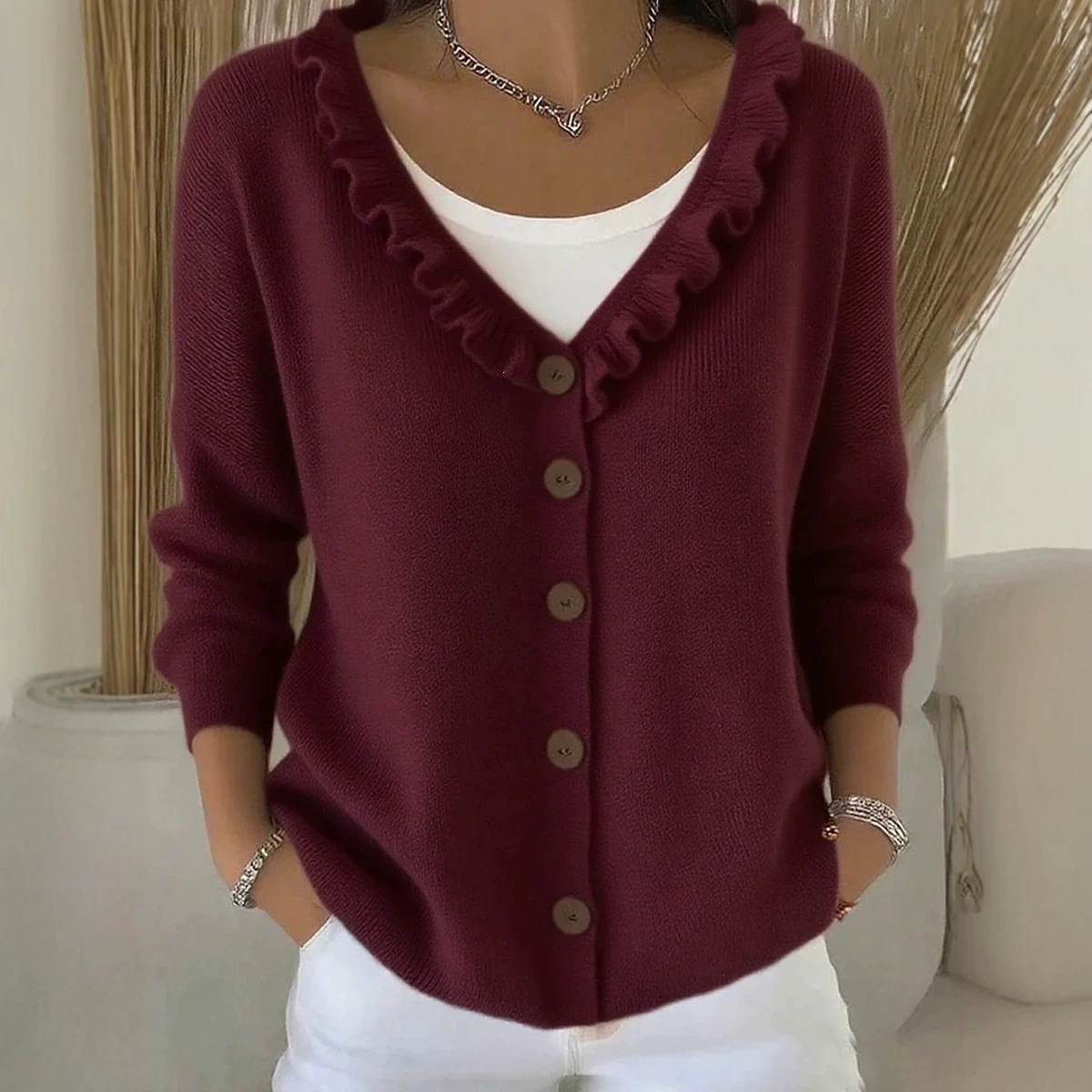 Ruffle Trim V-Neck Knit Cardigan Sweater