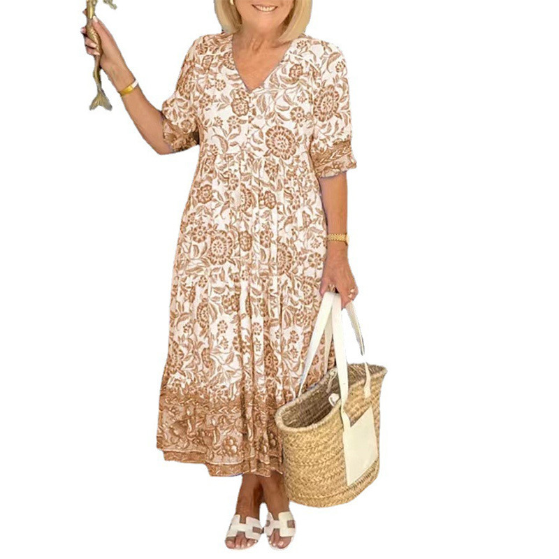 Women's Floral Tie-Dye Print V-Neck Midi Dress Loose Fit