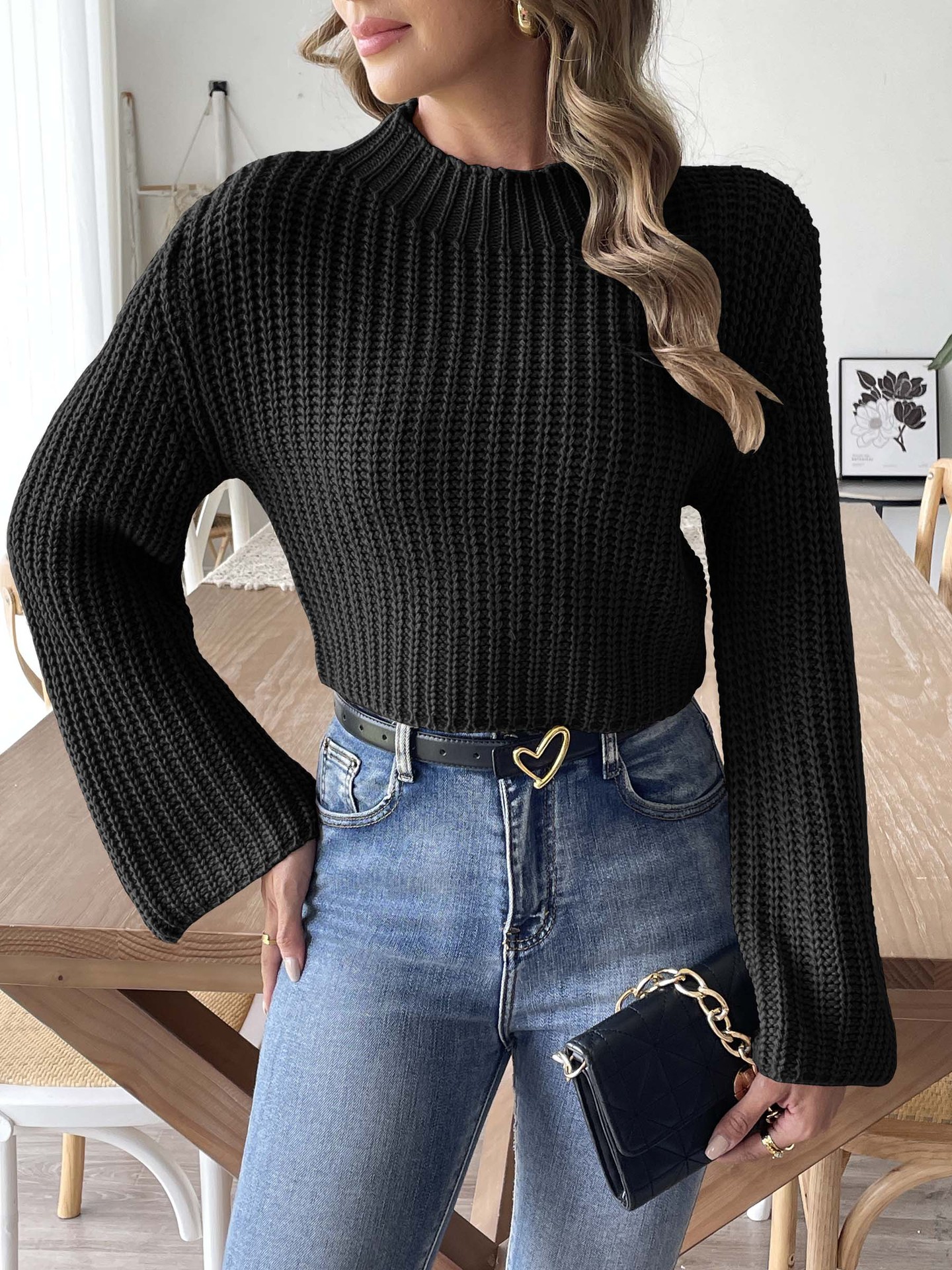 Women's Cropped Mock Neck Sweater with Bell Sleeves