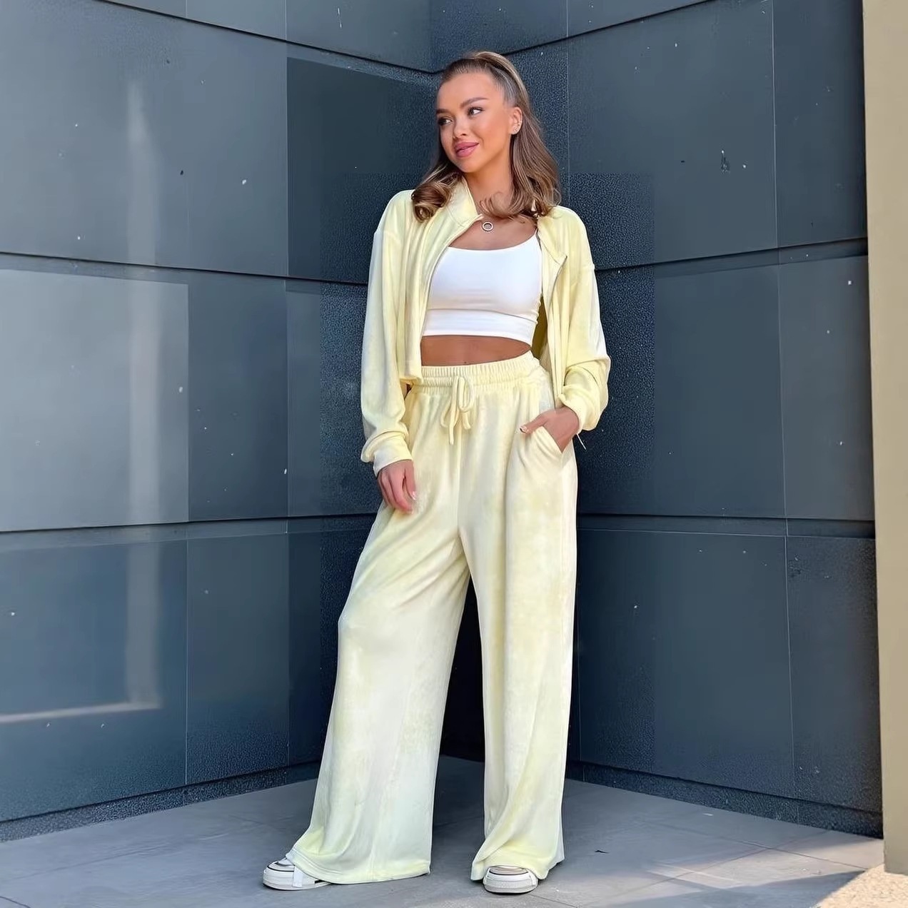 Women's Solid Color Long Sleeve Zip Cardigan & Wide Leg Pants Two-Piece Set