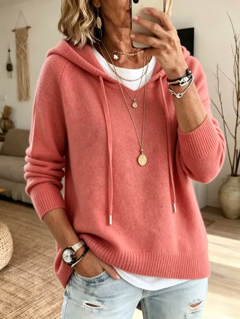 Women's Knit Hooded Drawstring Sweater Loose Pullover