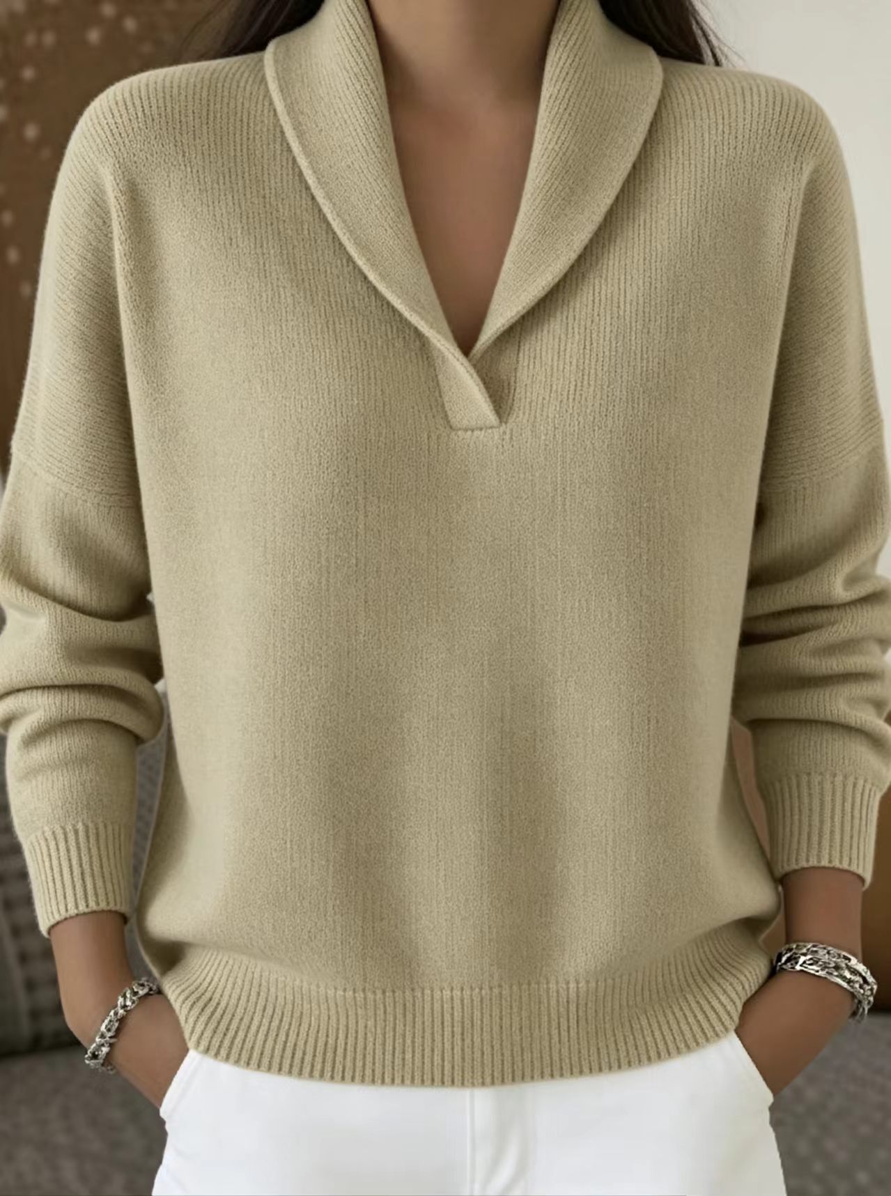 V-Neck Long-Sleeve Pullover Sweater Solid Color