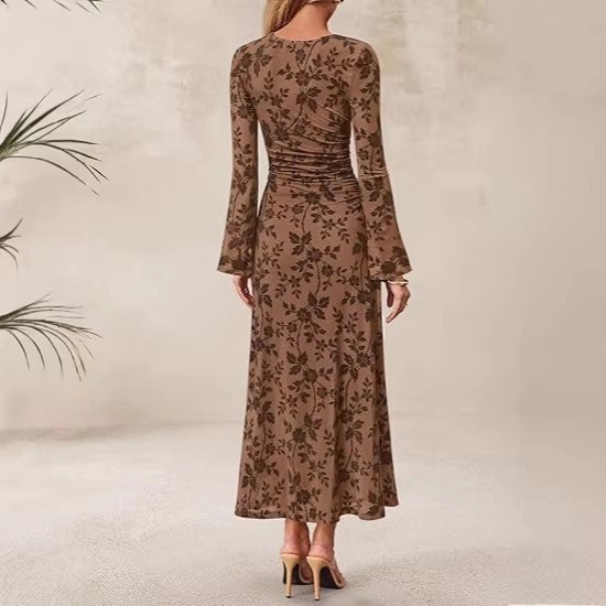 Women's Printed Mesh Bodycon Midi Dress Slim Fit High Waist Long Sleeve