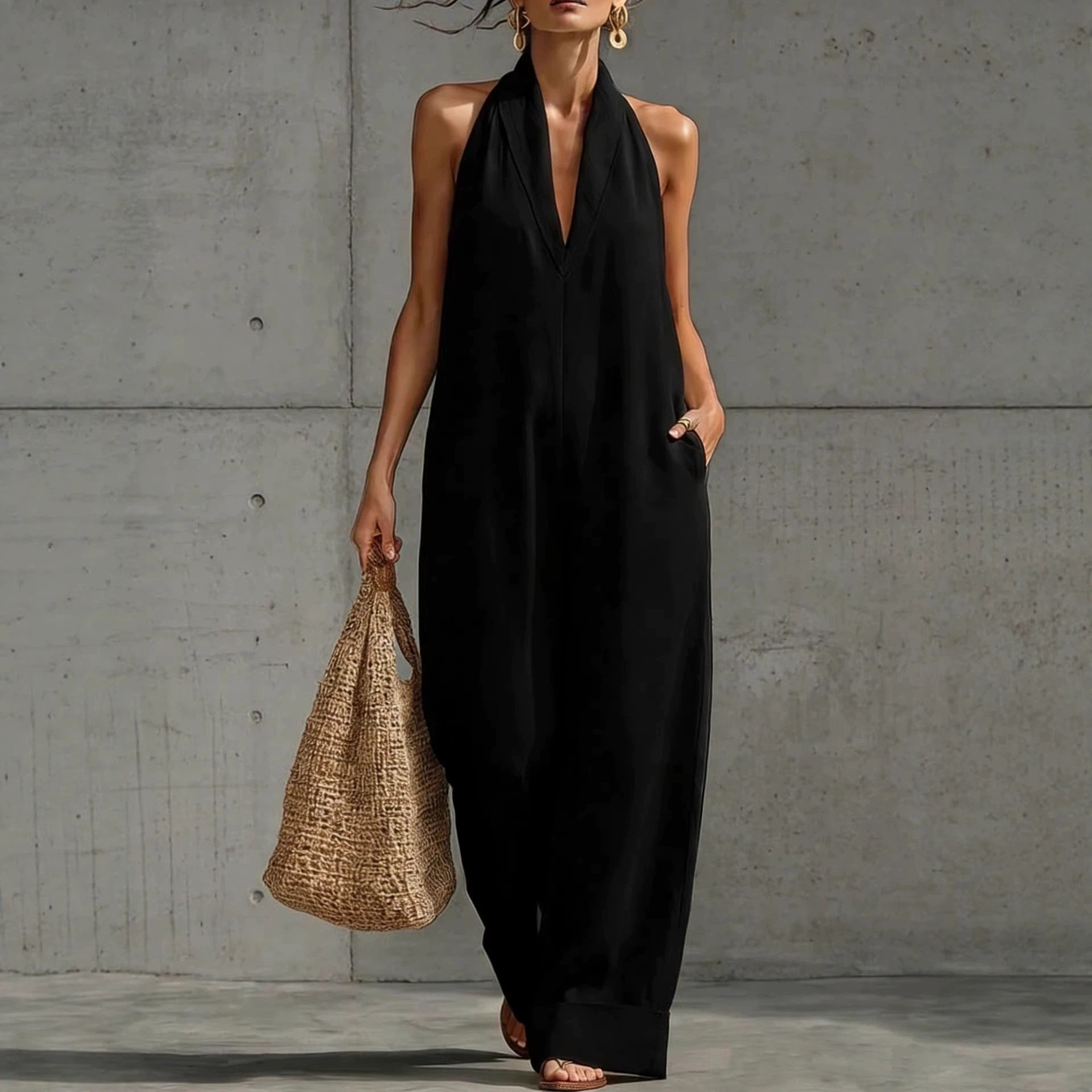 Women's Sleeveless Halter Wide-Leg Jumpsuit Solid Color Linen-Blend Long Pants