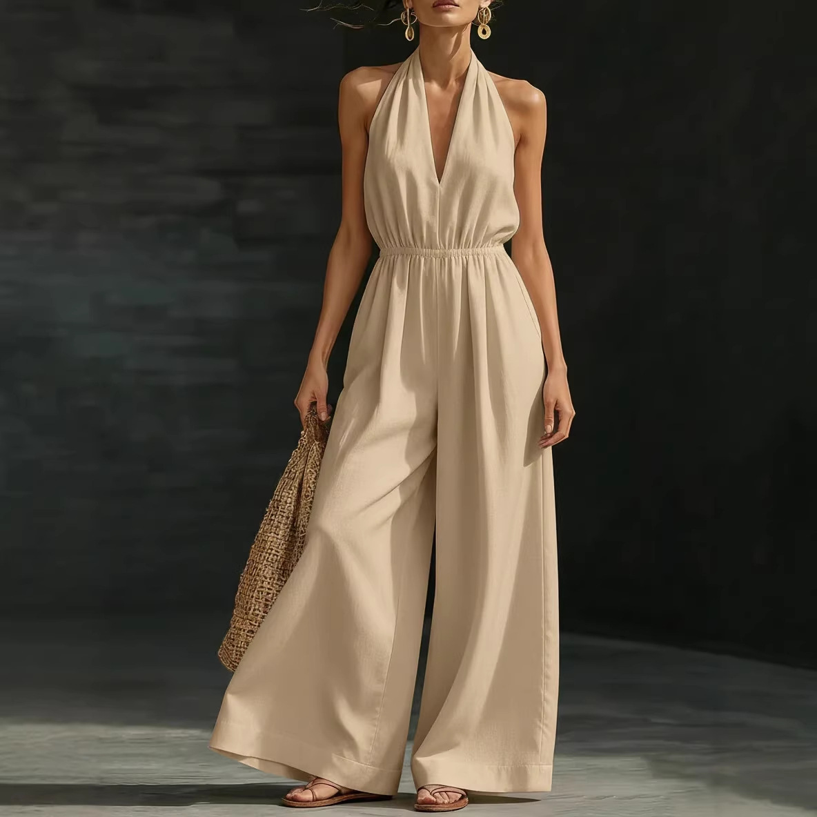 Women's V-Neck Halter Wide-Leg Jumpsuit Solid Color Sleeveless
