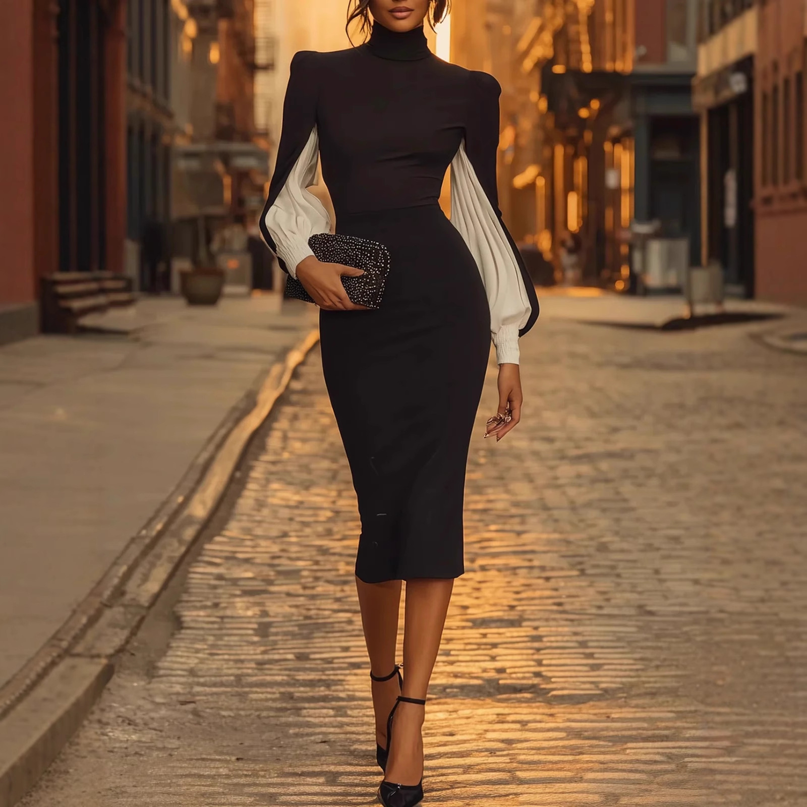 High Neck Colorblock Slit Bodycon Midi Dress
