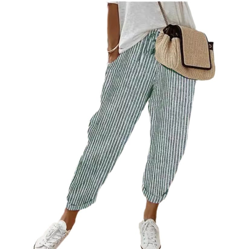 Striped Casual Pants Women Loose Elastic Waist