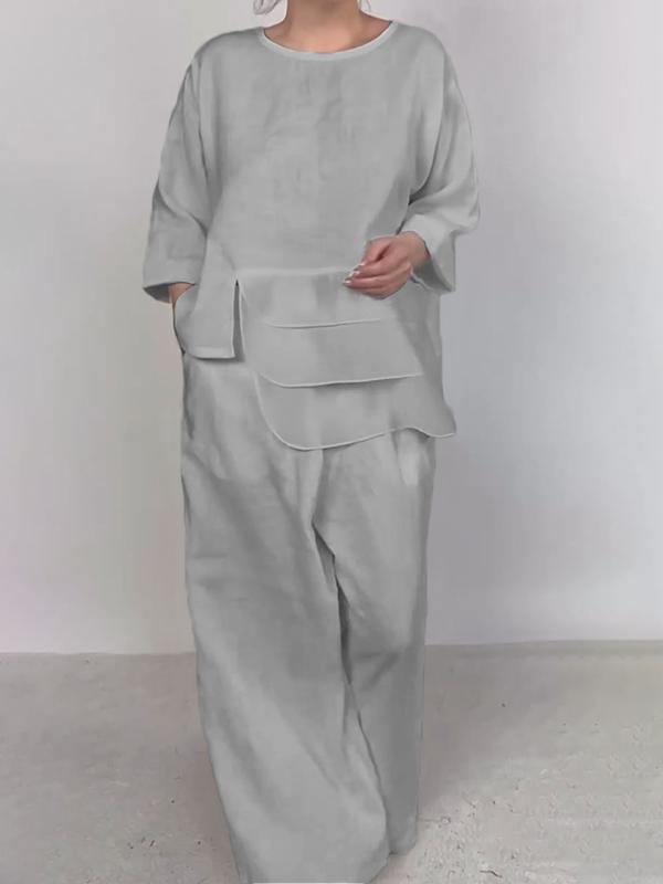 Crewneck Satin Layered Top & Wide-Leg Pants Set
