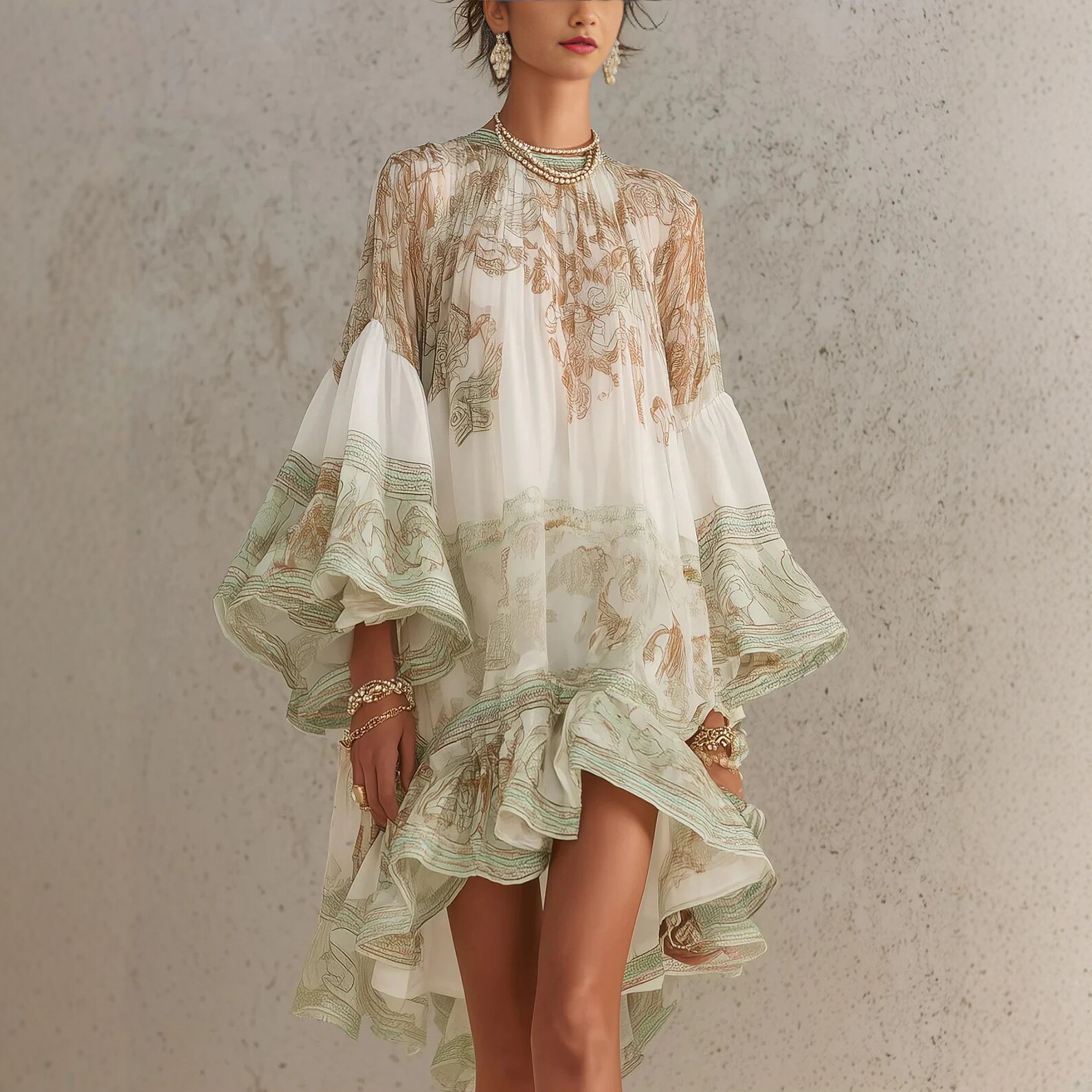 Boho Floral Print Bell Sleeve Asymmetric Ruffle Dress