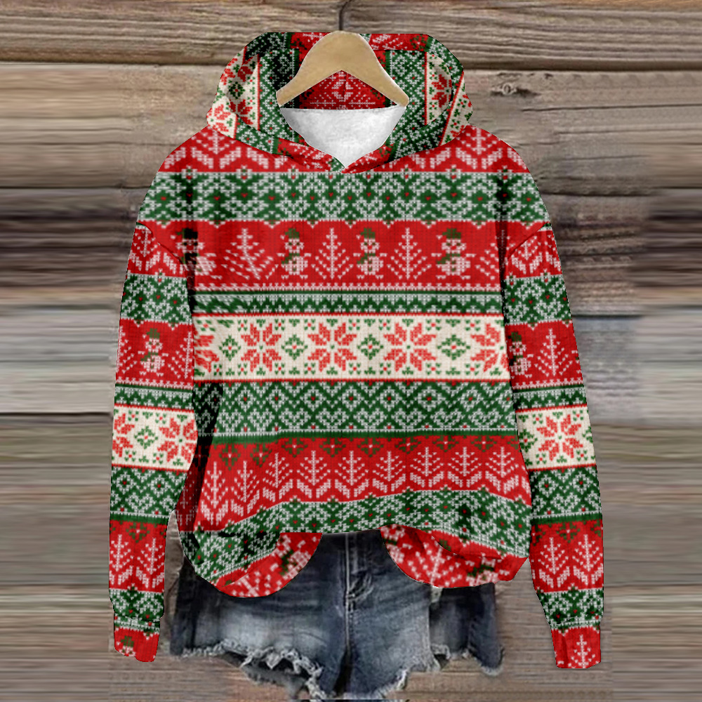 Women's Letter Snowman Christmas Reindeer Wine Glass Print Hoodie