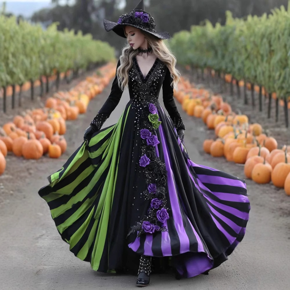 3D Digital Print V-Neck Long Sleeve Maxi Dress