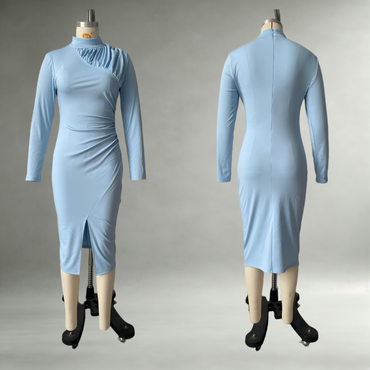 High Neck Ruched Long Sleeve Bodycon Midi Dress with Slit