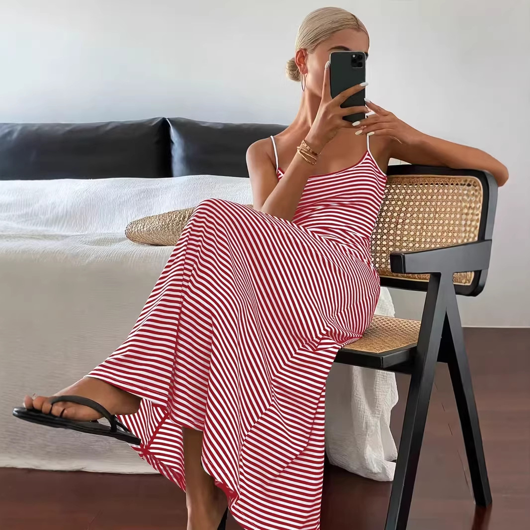 Striped Open-Back Sleeveless A-Line Midi Dress