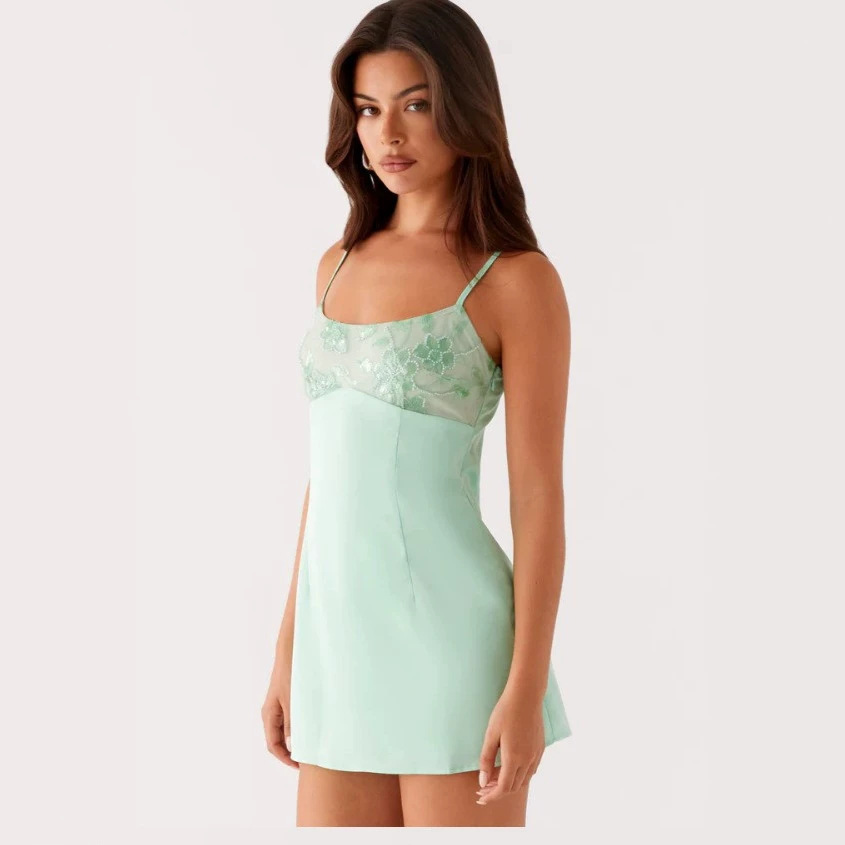 Sequin Satin Low-Neck Cami Mini Dress with Flower Detail
