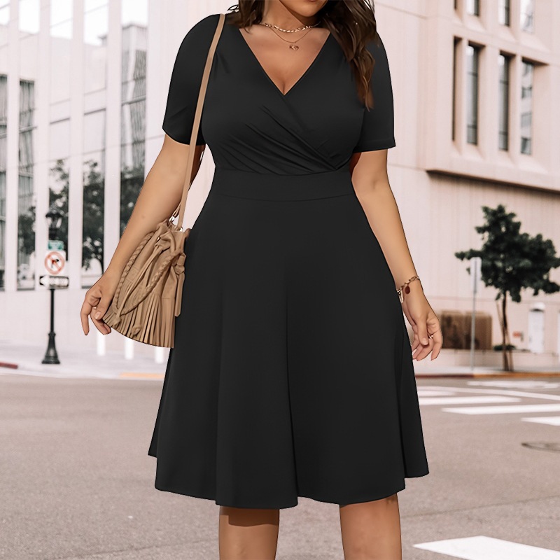 Women's V-Neck Pleated Midi Dress Short Sleeve Solid Color