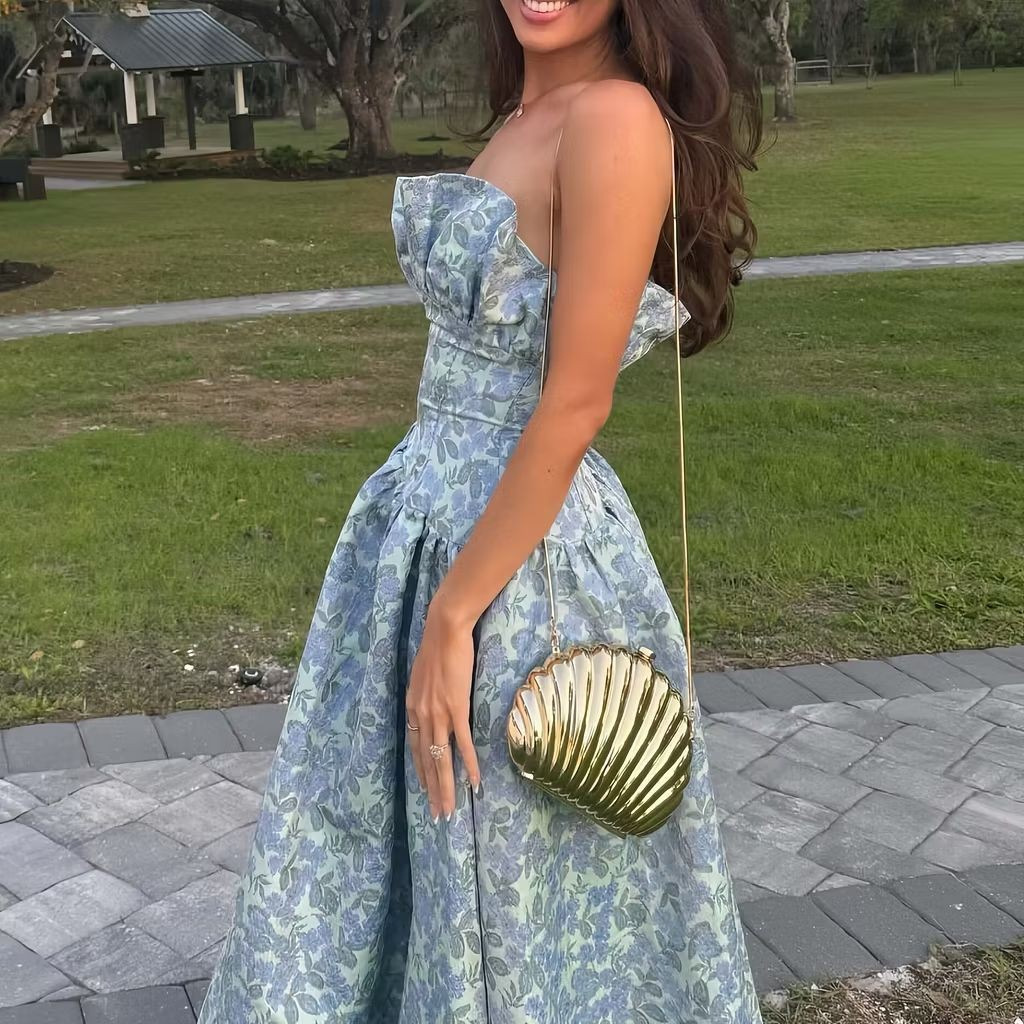 French Floral Strapless High-Low Maxi Dress with Off-Shoulder and Waist-Cinching