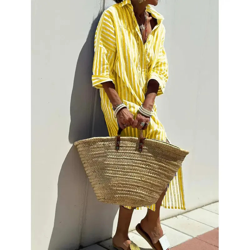 Striped Button-Front Midi Shirt Dress with Collar and Five-Quarter Sleeves