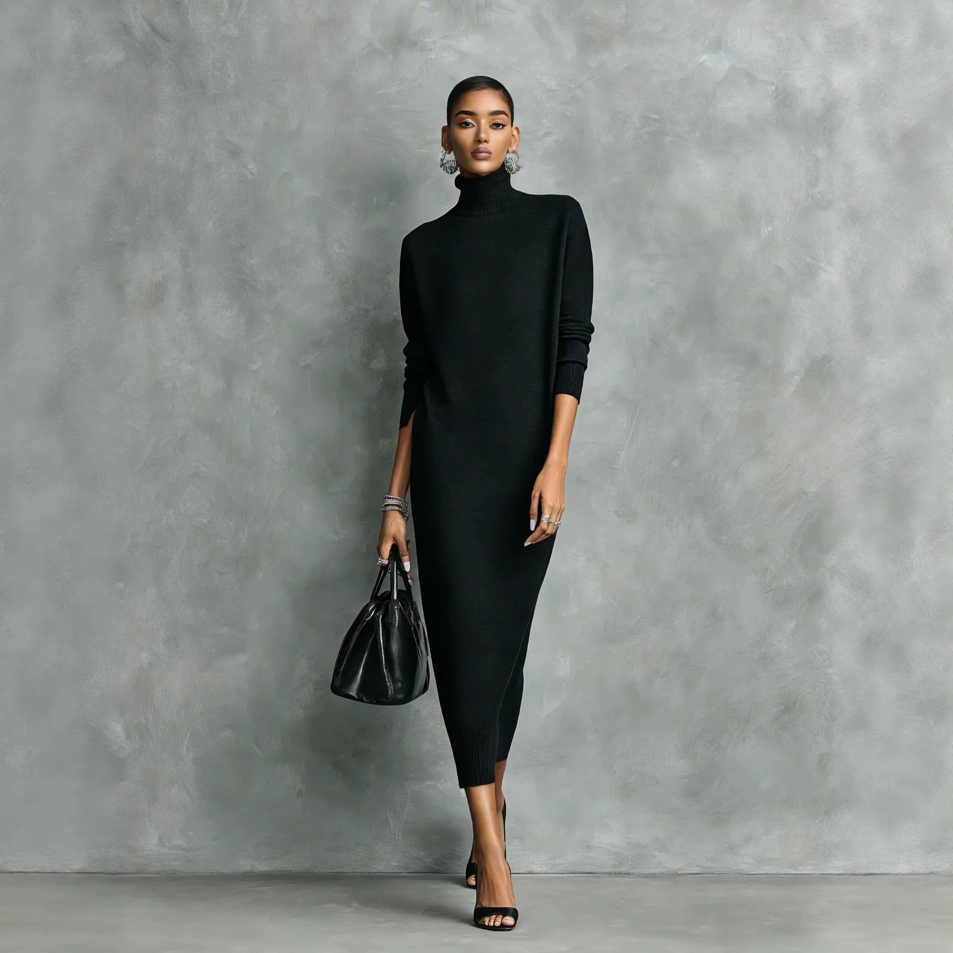 Women's High Neck Long Sleeve Loose Midi Dress