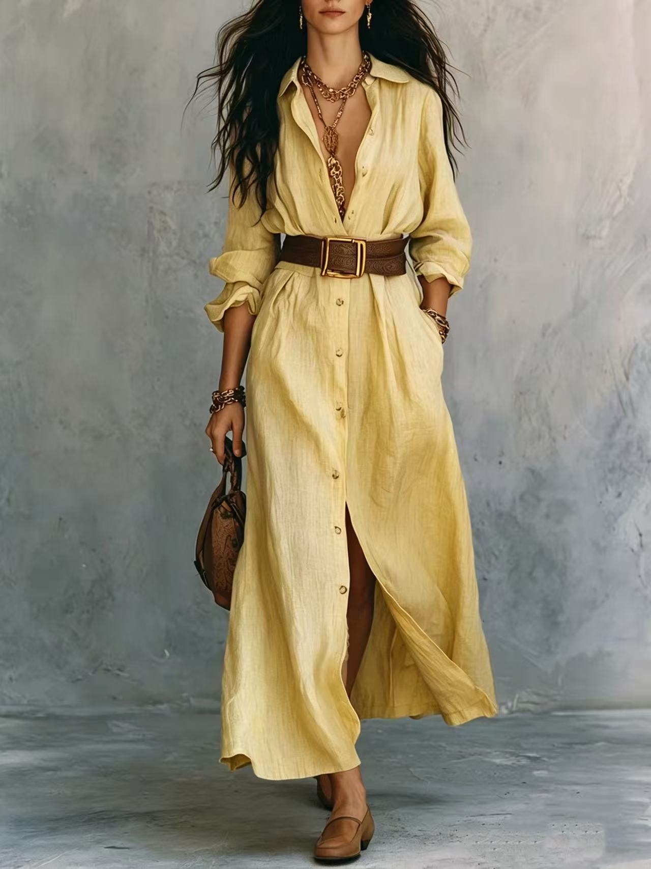 Collared Button-Front Slit Shirt Dress with Wide Belt