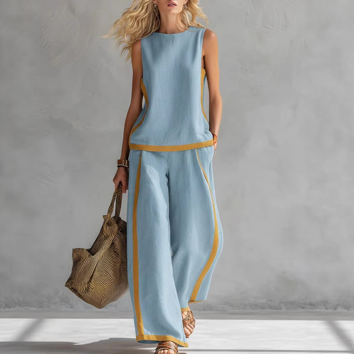 Women's Sleeveless Colorblock Wide-Leg Pant Set Casual Two-Piece
