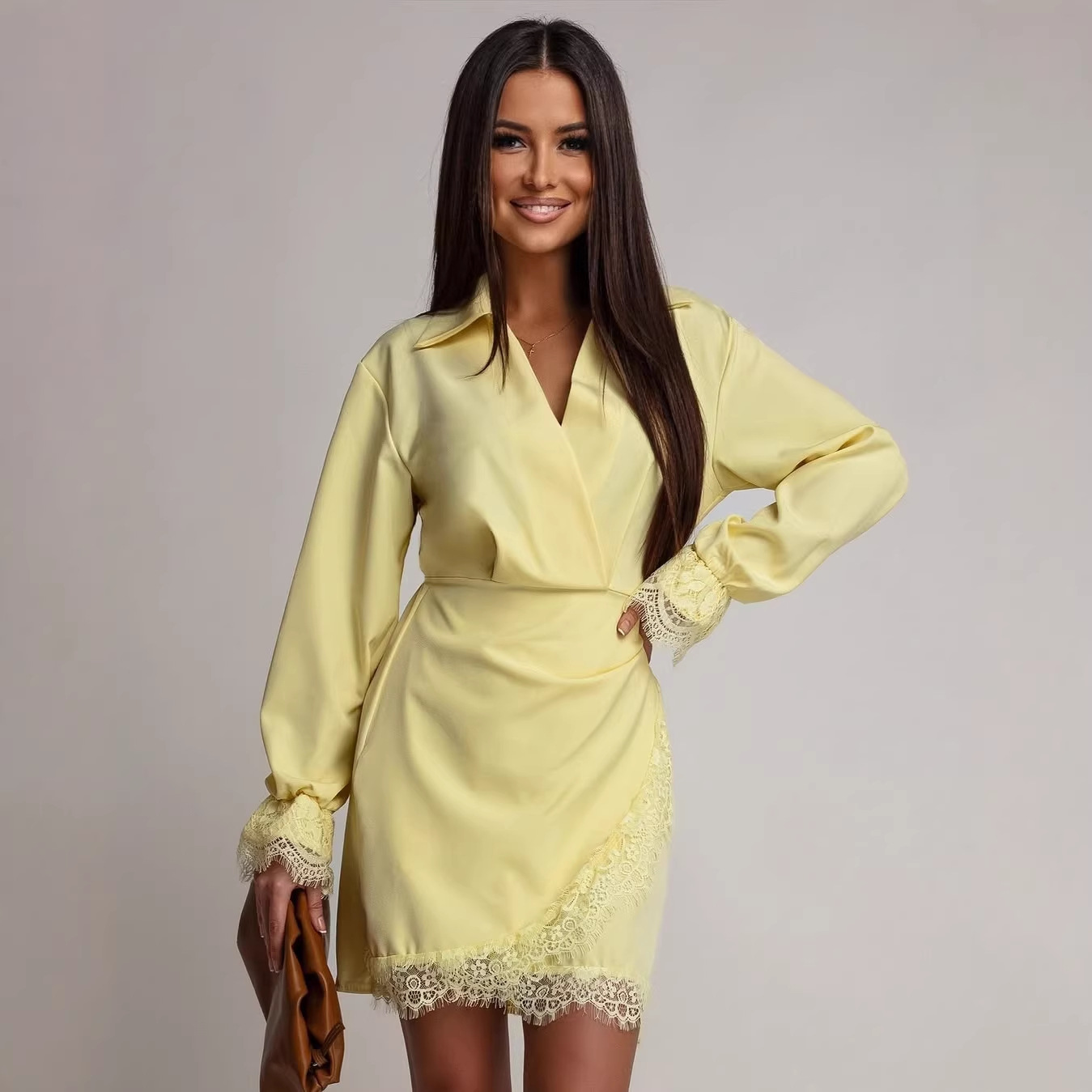 Women's Collared Long Sleeve Mesh Pleated Dress