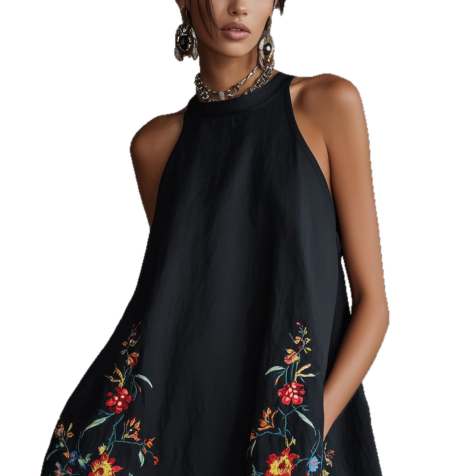 Black Halter Sleeveless Floral Embroidered A-Line Short Dress