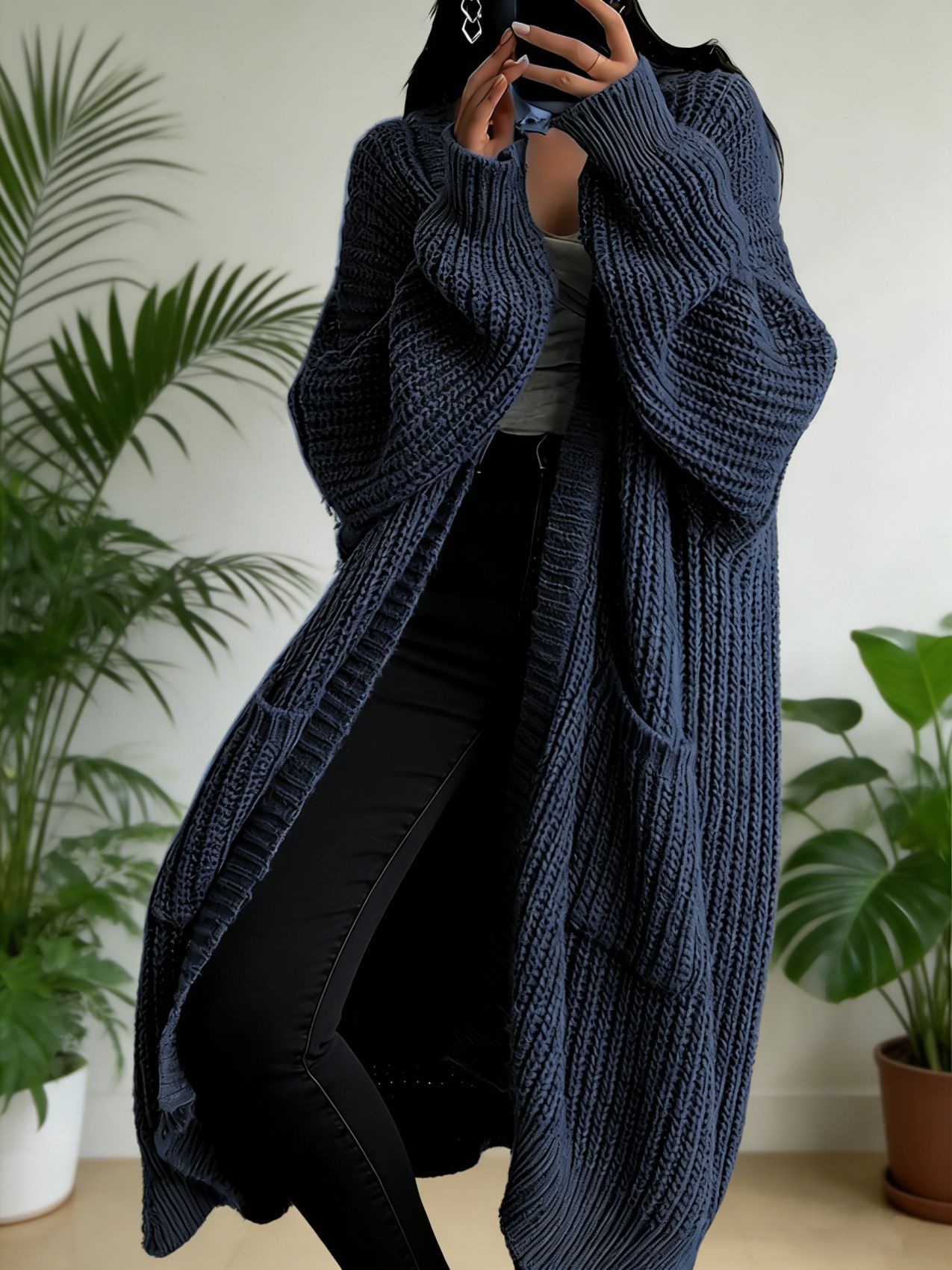 Women's Long Over-Knee Knit Cardigan Loose V-Neck Open Front Sweater Coat