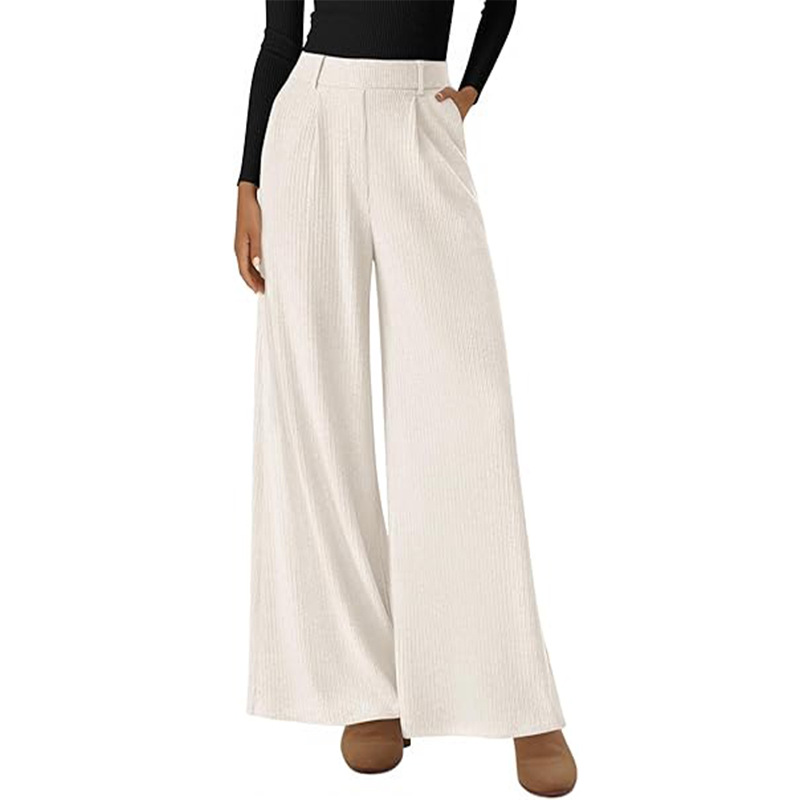 Ribbed Wide-Leg Loose Straight Pants with Elastic Waist