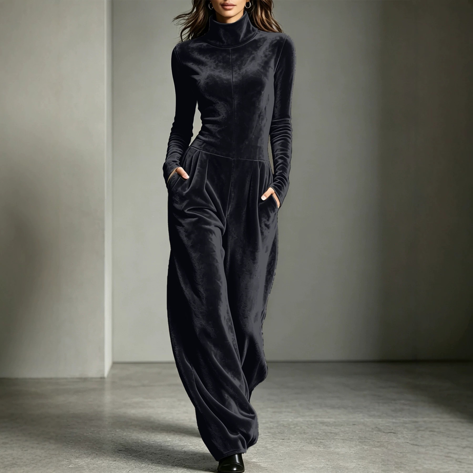 Women's Turtleneck Solid Color Korean Velvet Long Sleeve Jumpsuit