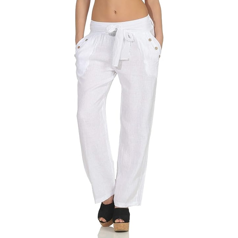 Women's Cotton-Linen Straight-Leg Pants with Belt