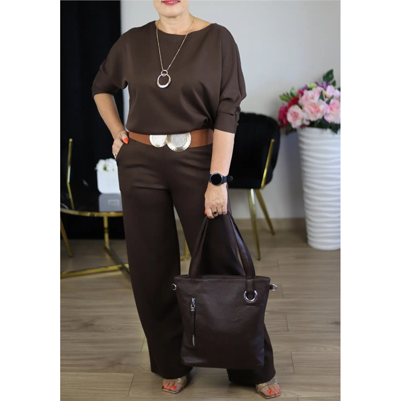 Women's 3-Piece Solid Crewneck Long-Sleeve Top Belted Pants Set