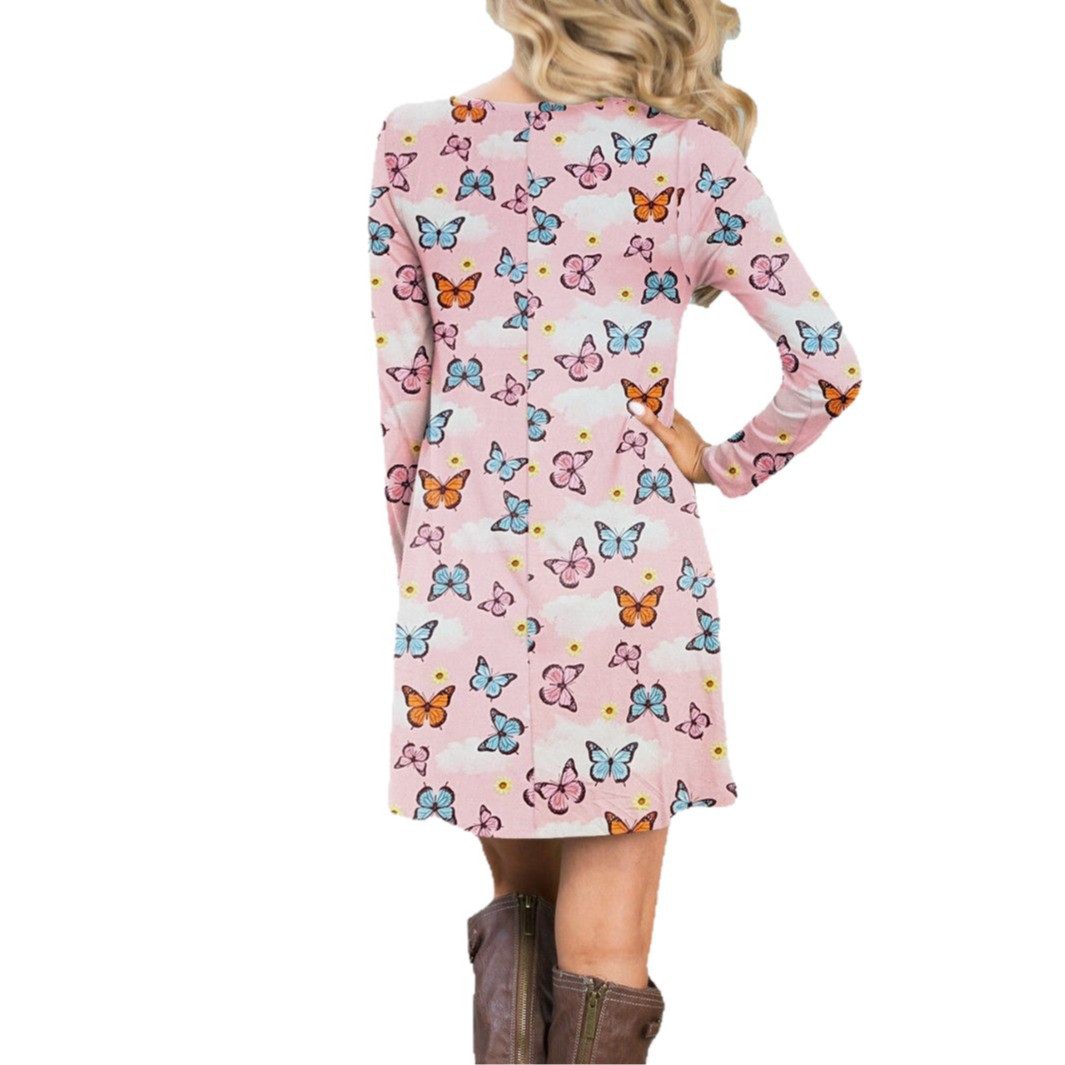 Women's Deep V-Neck Floral Print A-Line Midi Dress Long Sleeve