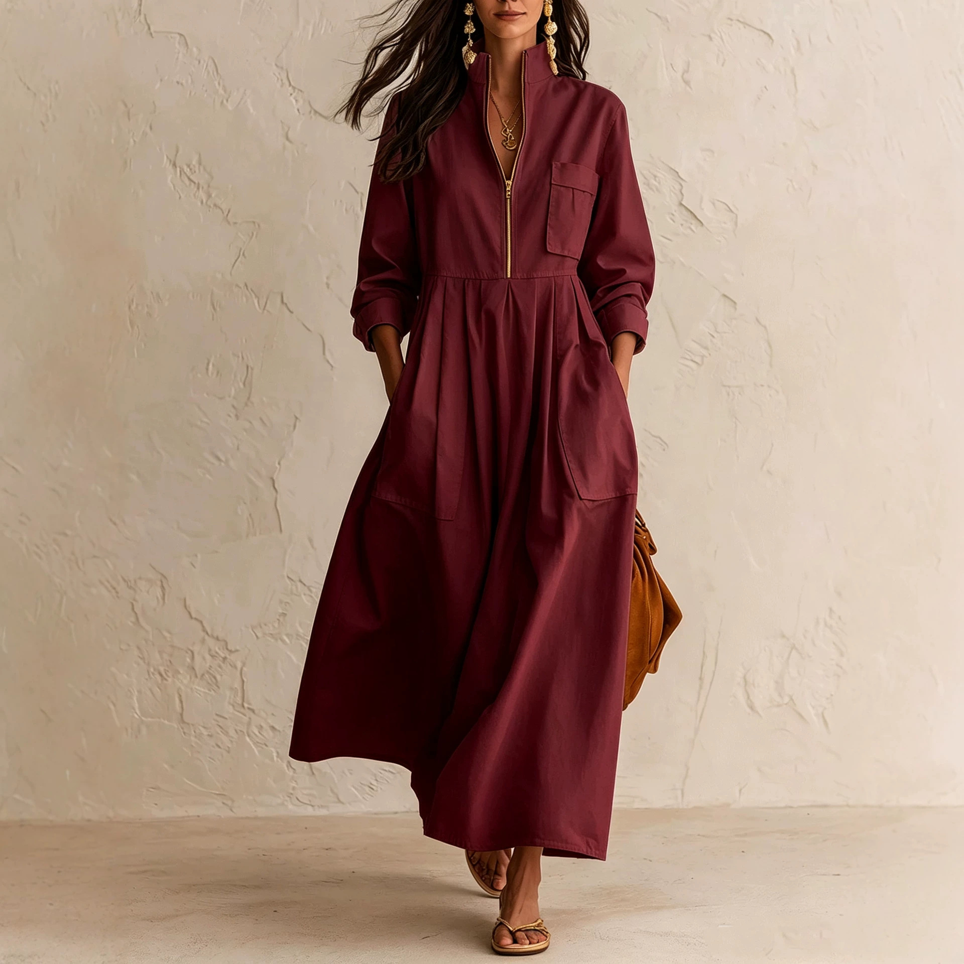 Gold Half-Zip Stand Collar Dress with Pockets Loose Pleated Maxi Long Sleeve