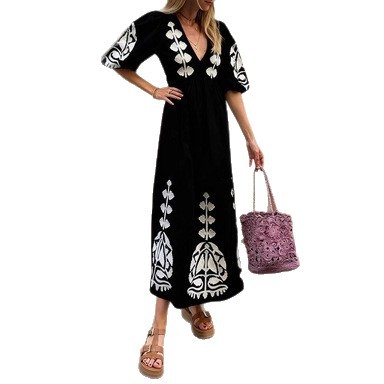 Floral Print V-Neck Puff Sleeve Open Back Loose Casual Midi Dress