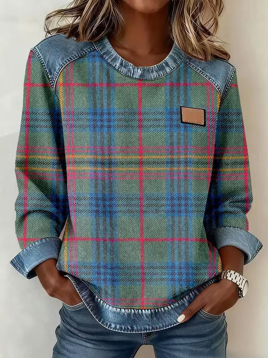 Plaid Spliced Denim Crewneck Loose Women's Sweatshirt