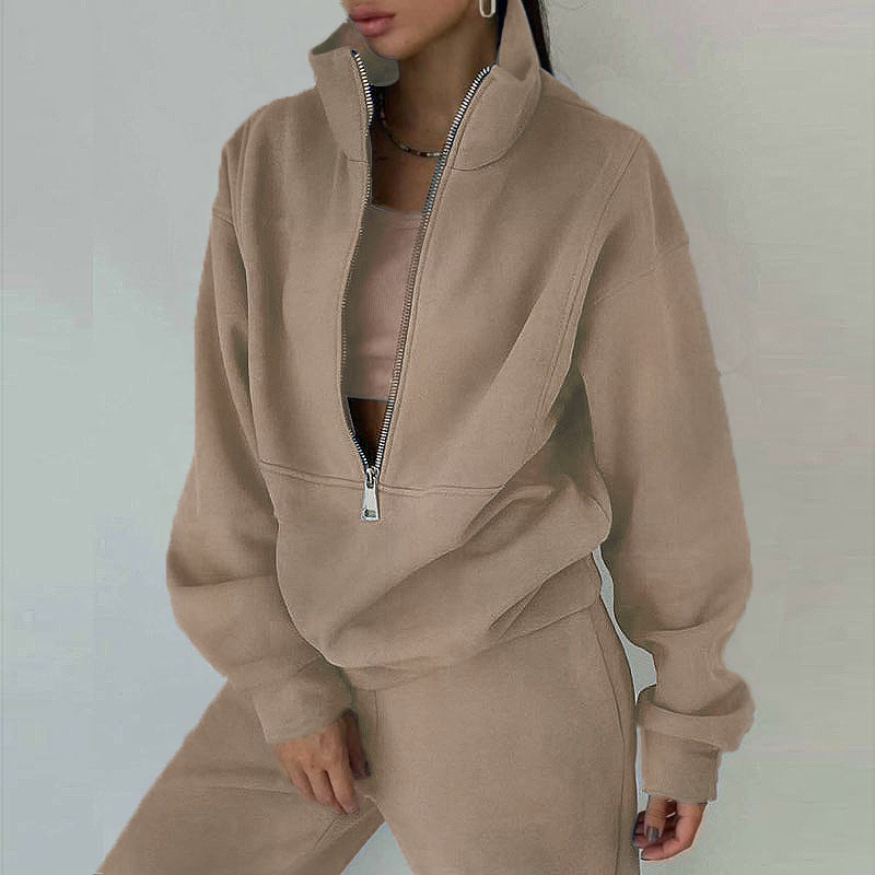 Women's Fleece-Lined Zip-Up Sweatsuit Set Casual Sporty Two-Piece