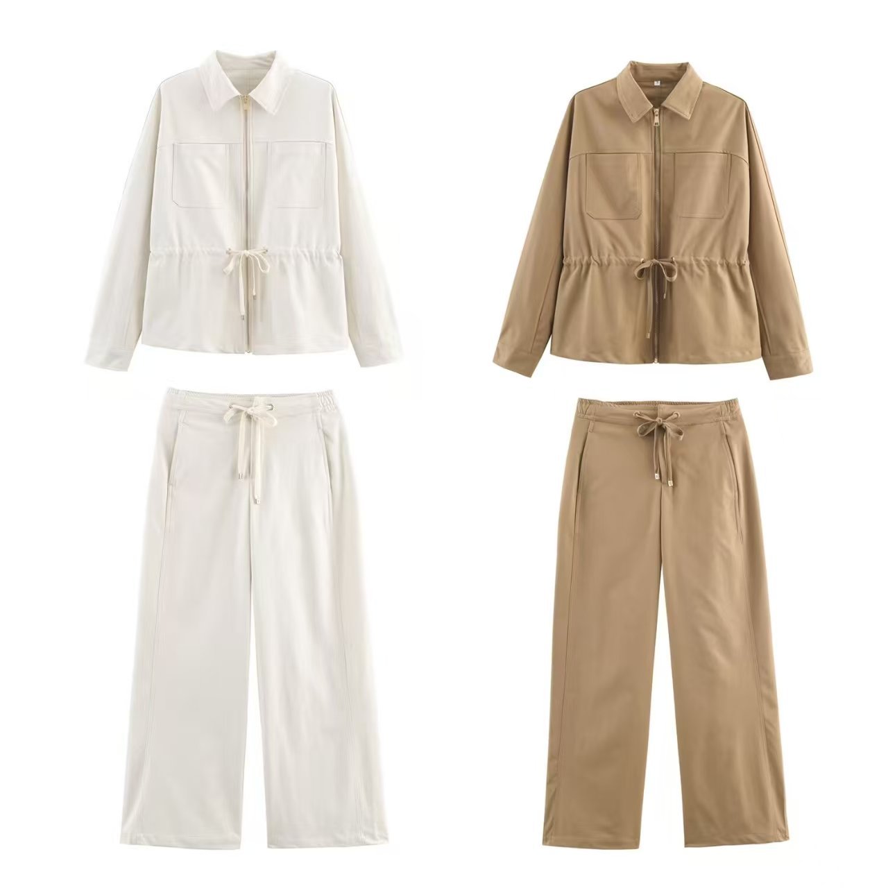 Women's Collared Adjustable Waist Pocket Jacket & Wide-Leg Pants Set