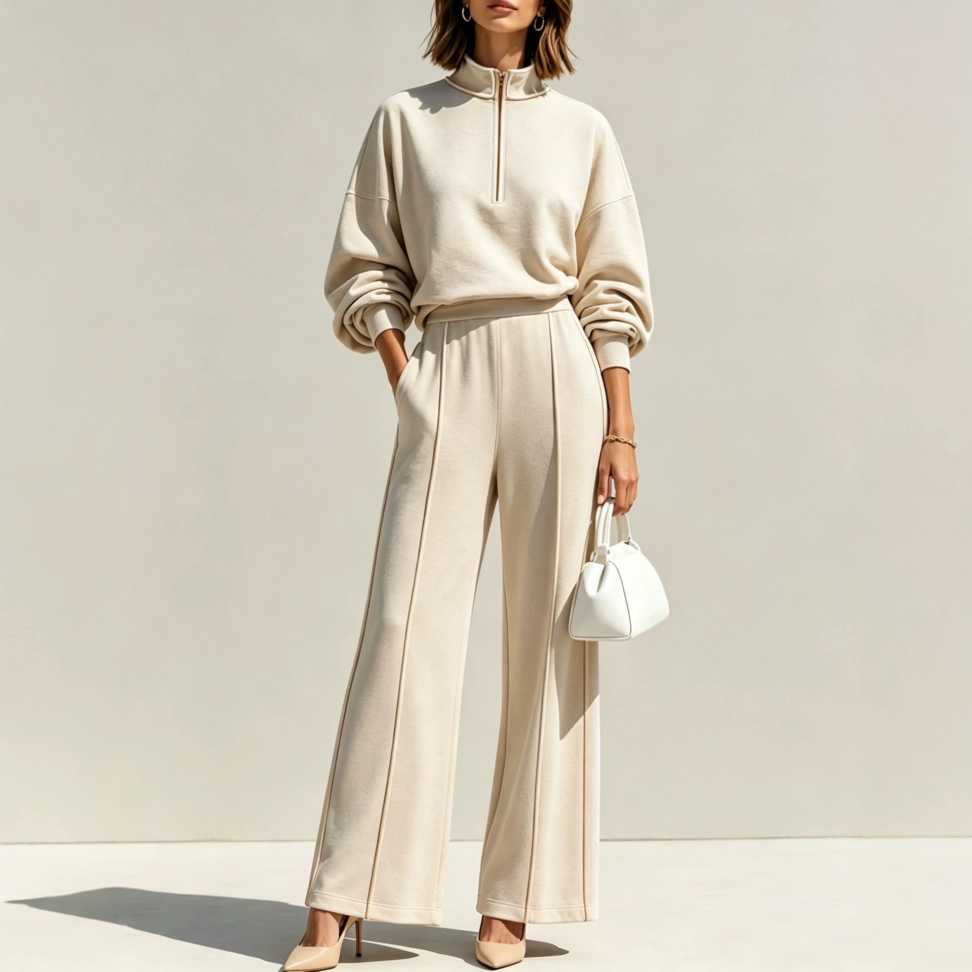 Women's Two-Piece Half-Zip Stand Collar Sweatshirt and High-Waist Wide-Leg Pants Set