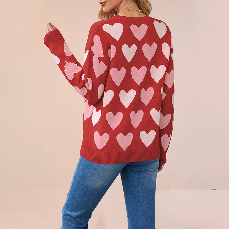 Beaded Heart Crewneck Knit Sweater for Women