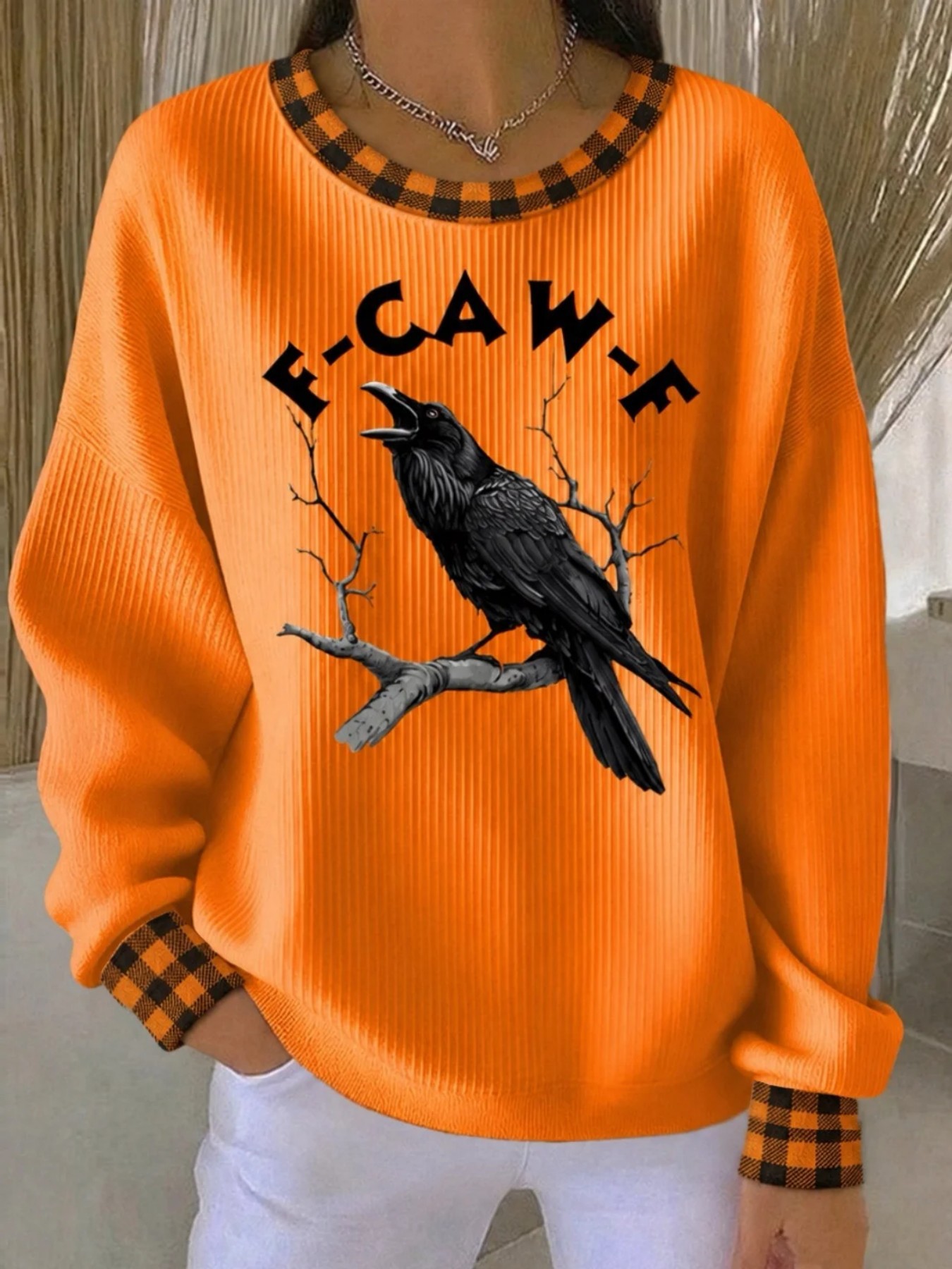 Crow Plaid Print Raw Edge Crewneck Long Sleeve Pullover Sweatshirt