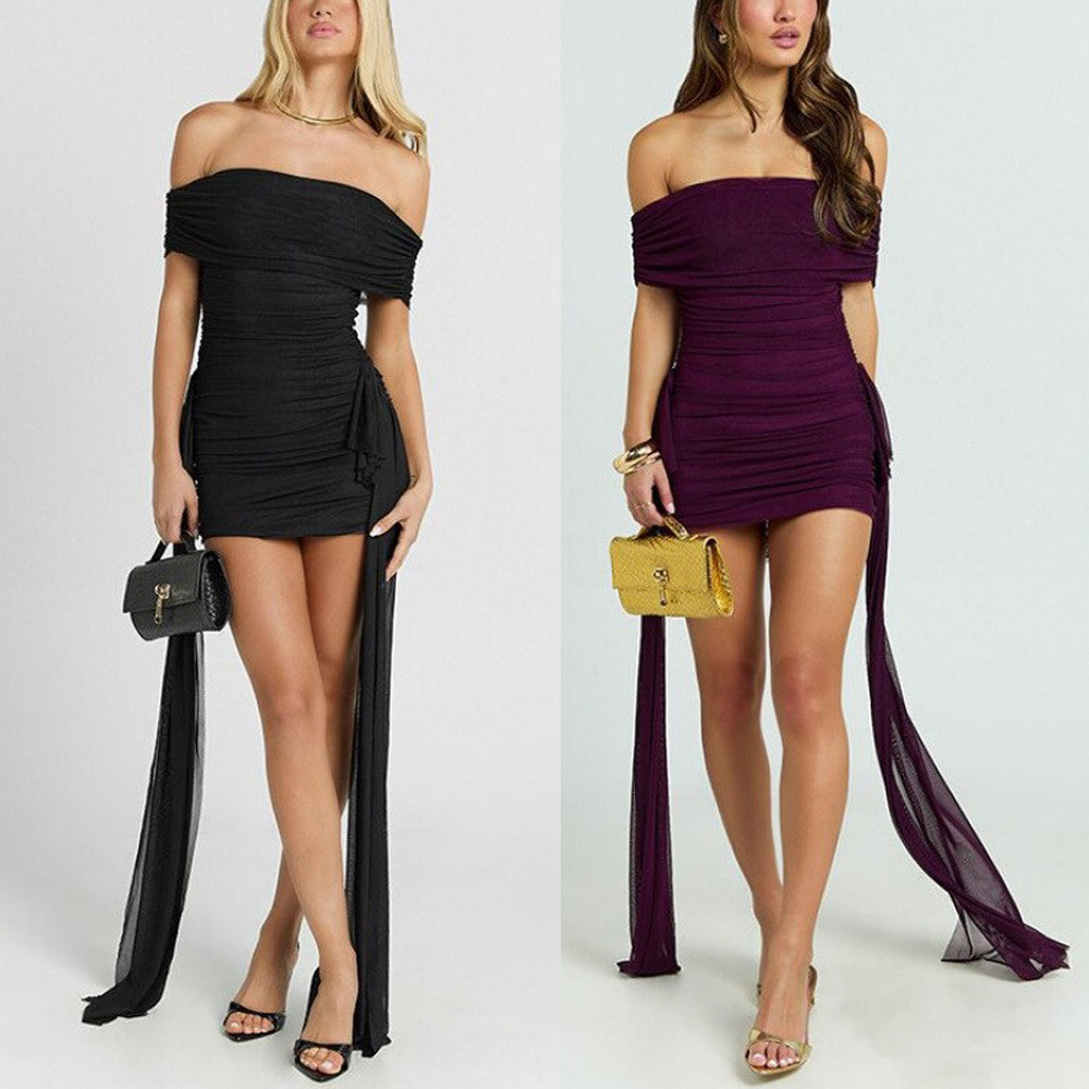 Women's Off-Shoulder Ruched Bodycon Mini Dress with Draped Tie