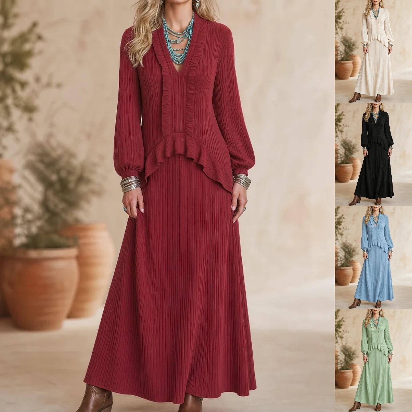 V-Neck Pleated Ruffle Lantern Sleeve Loose Long Dress