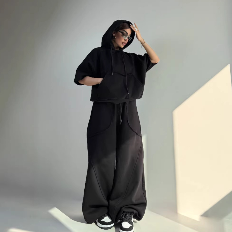 Women's Solid Color Hooded Half-Sleeve Sweatshirt and Pants Set Casual Two-Piece Outfit