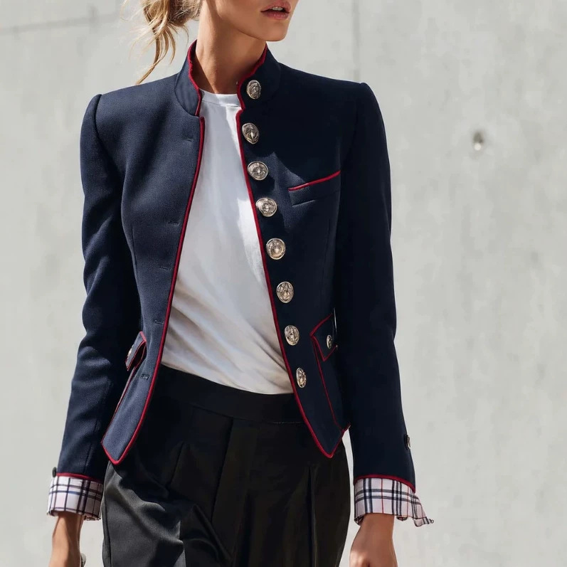 Elegant Stand-Collar Plaid-Cuff Navy Jacket