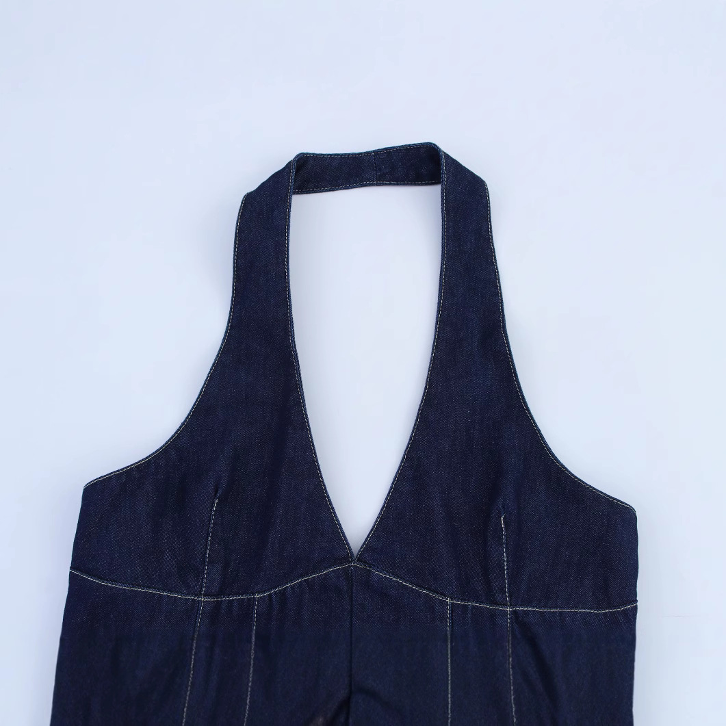 Women's Sleeveless Denim Dress V-Neck High Waist Pleated Mini