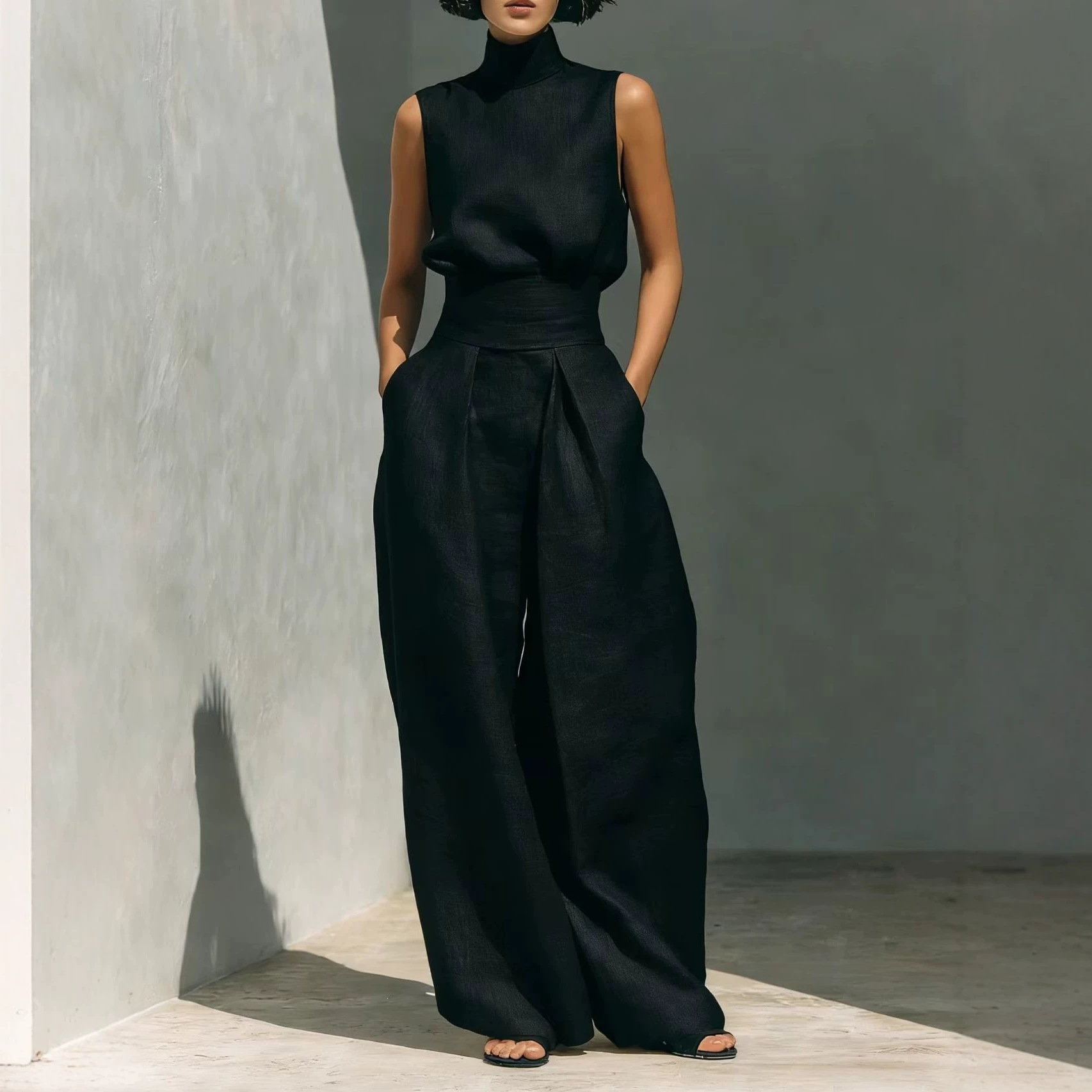 Women's Solid Sleeveless Top and Wide-Leg Pants Set