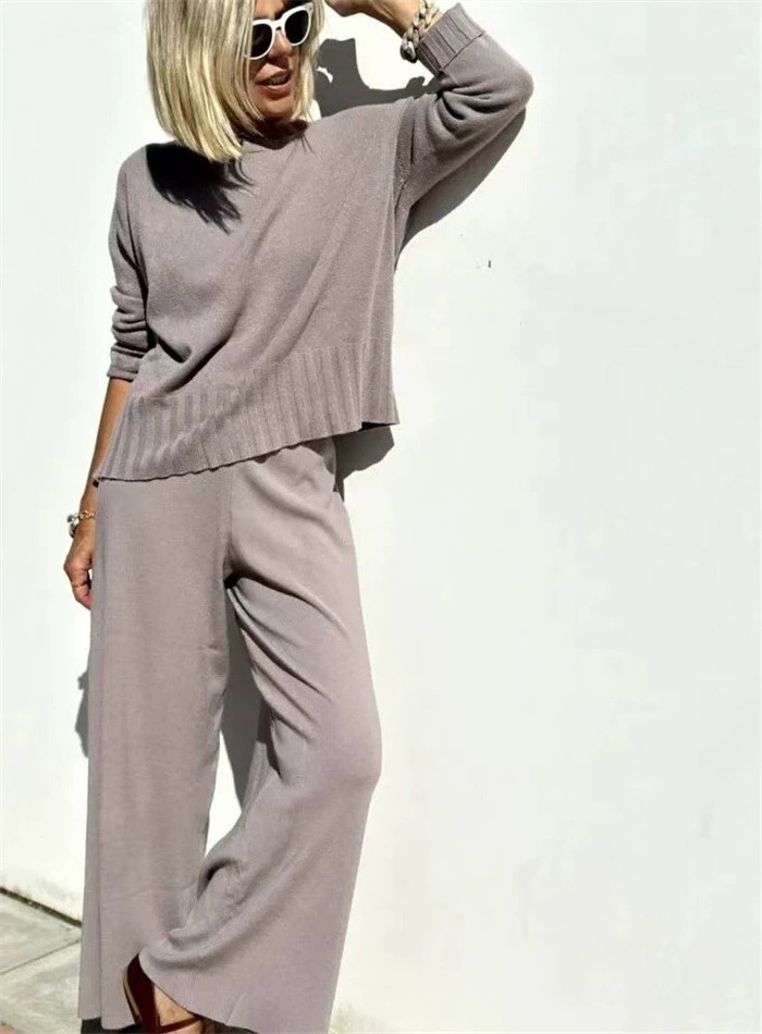 Lazy Style Knit Wide-Leg Pants Set with Pullover Sweater Women's Casual Two-Piece