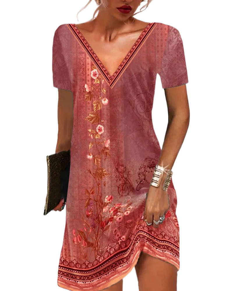 Ethnic Floral Print V-Neck Short Sleeve A-Line Midi Dress